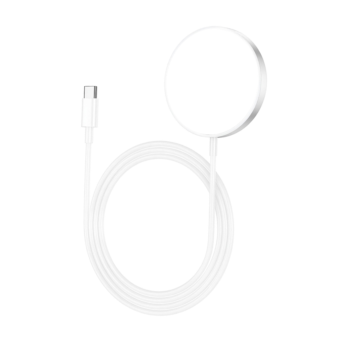 Un cavo di ricarica bianco con connettore USB-C e caricatore magnetico rotondo.