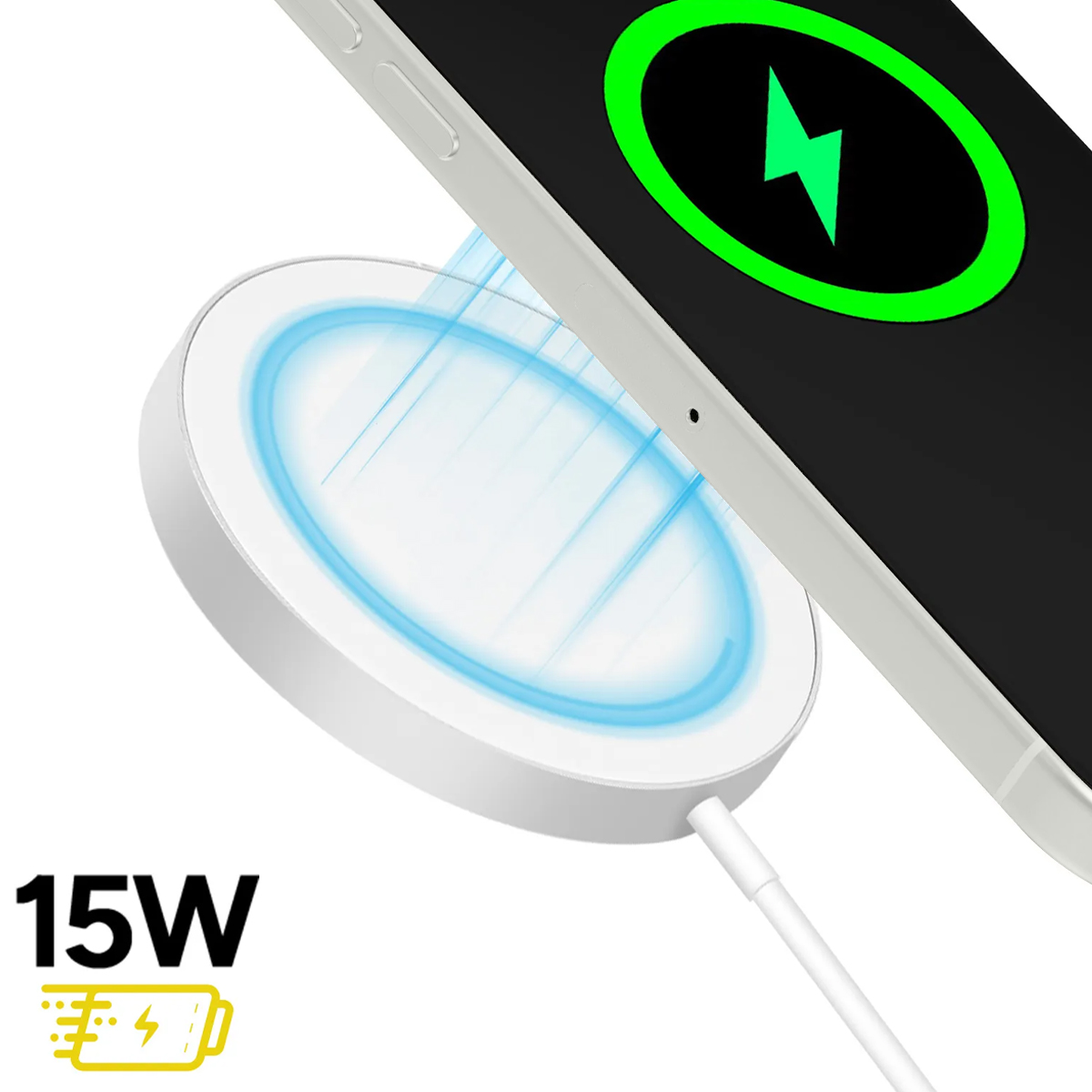 Un caricatore wireless bianco con uno smartphone in carica a 15W.
