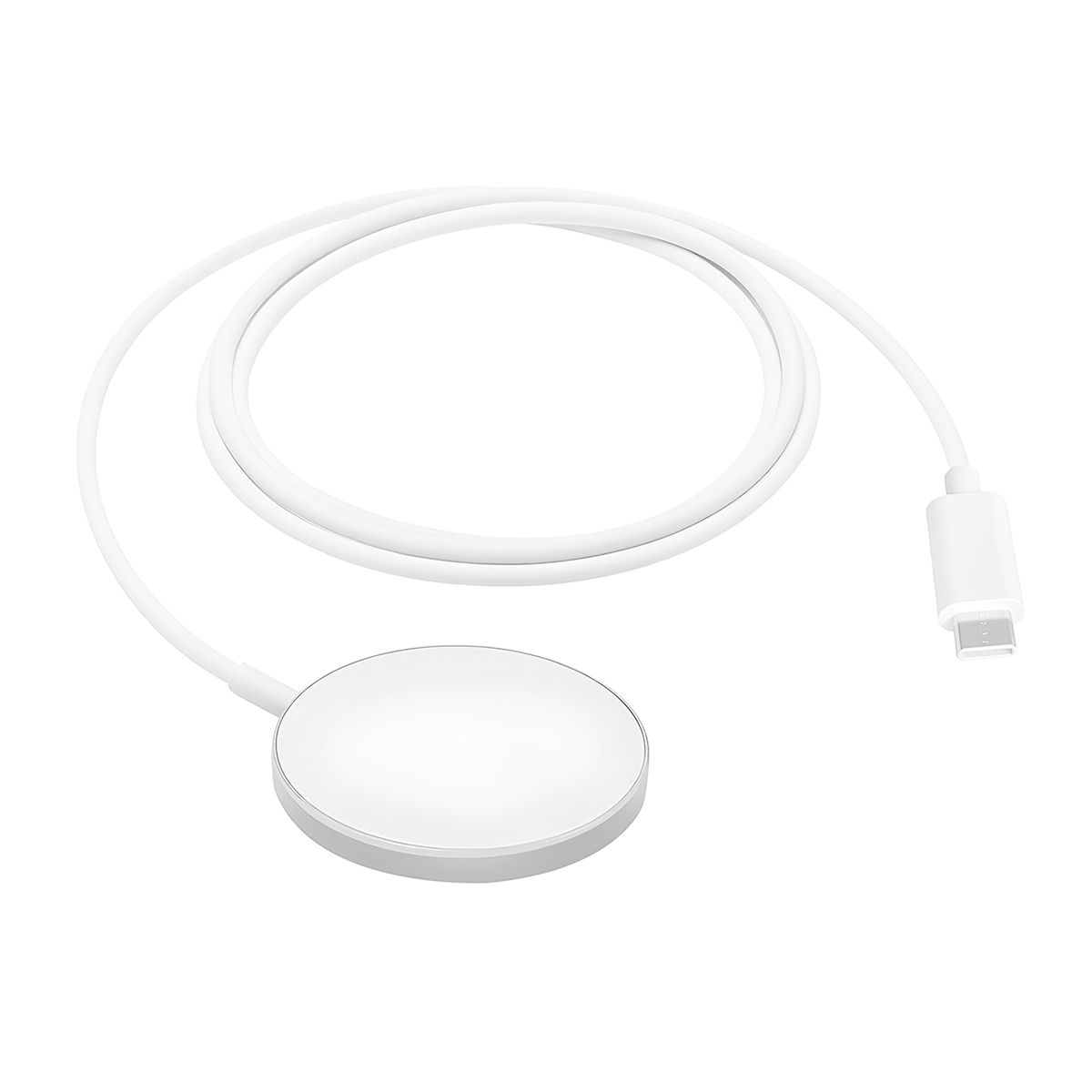 Un cavo di ricarica bianco con un pad di ricarica rotondo e connettore USB-C.