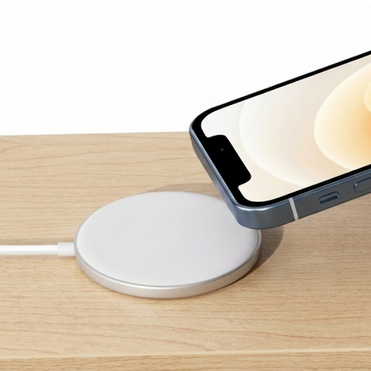 Uno smartphone blu su un caricatore wireless bianco su superficie di legno.