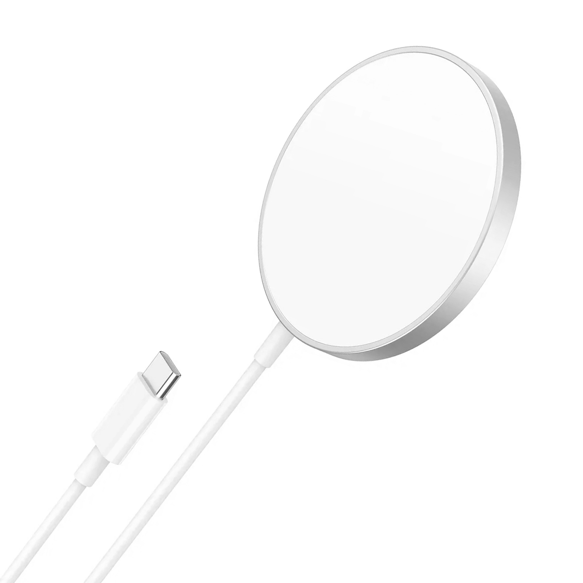 Un cavo di ricarica bianco con connettore USB-C e un pad di ricarica rotondo.