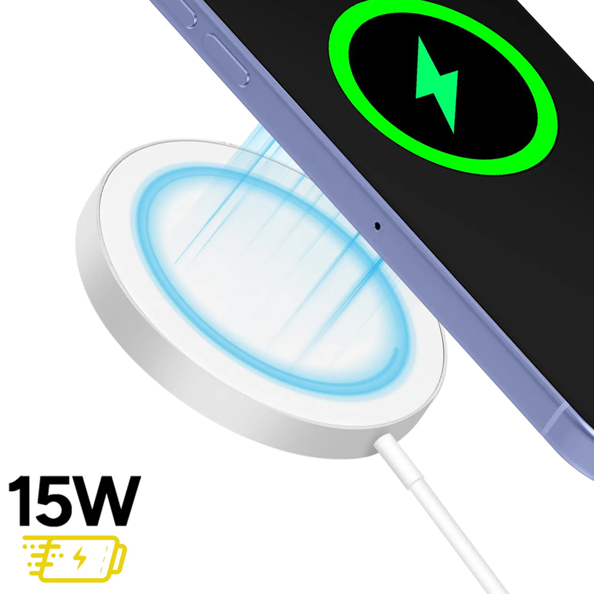 A white charging pad with blue light and a purple phone are charging.
