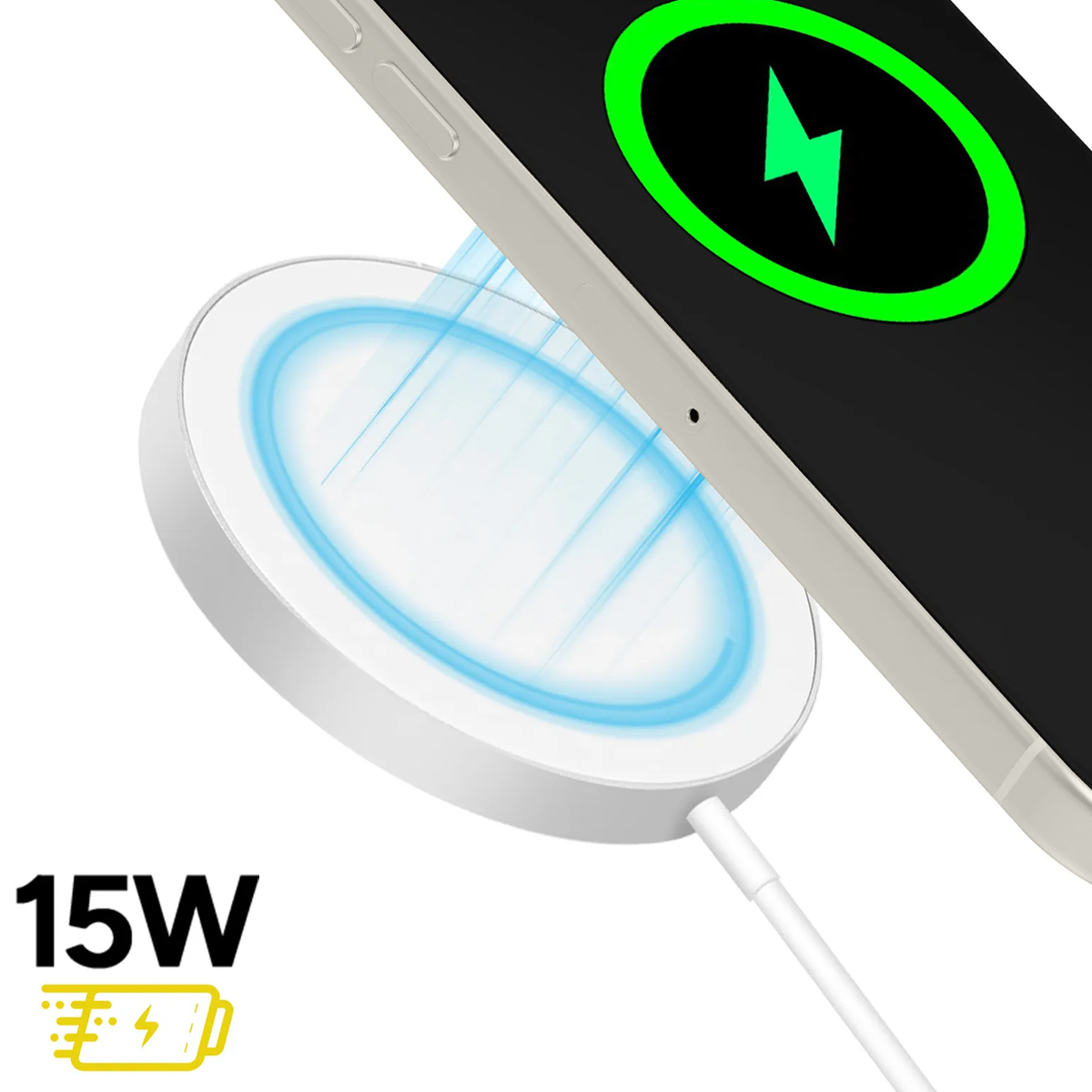 Un smartphone se charge sans fil sur une station de charge blanche de 15W.