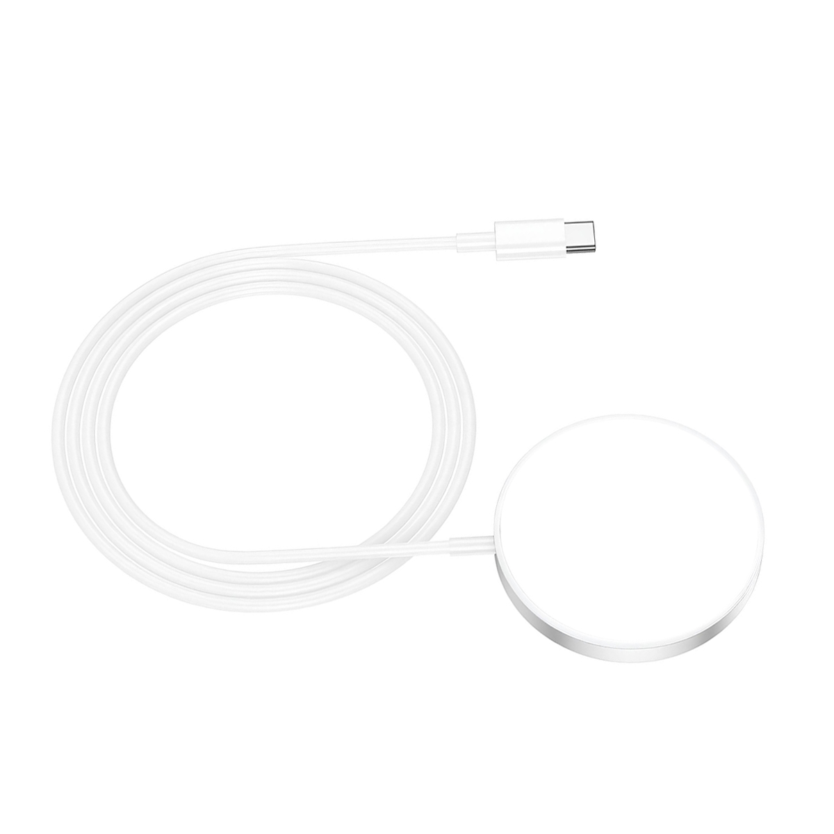 Cavo di ricarica bianco con connettore USB-C e pad di ricarica rotondo.
