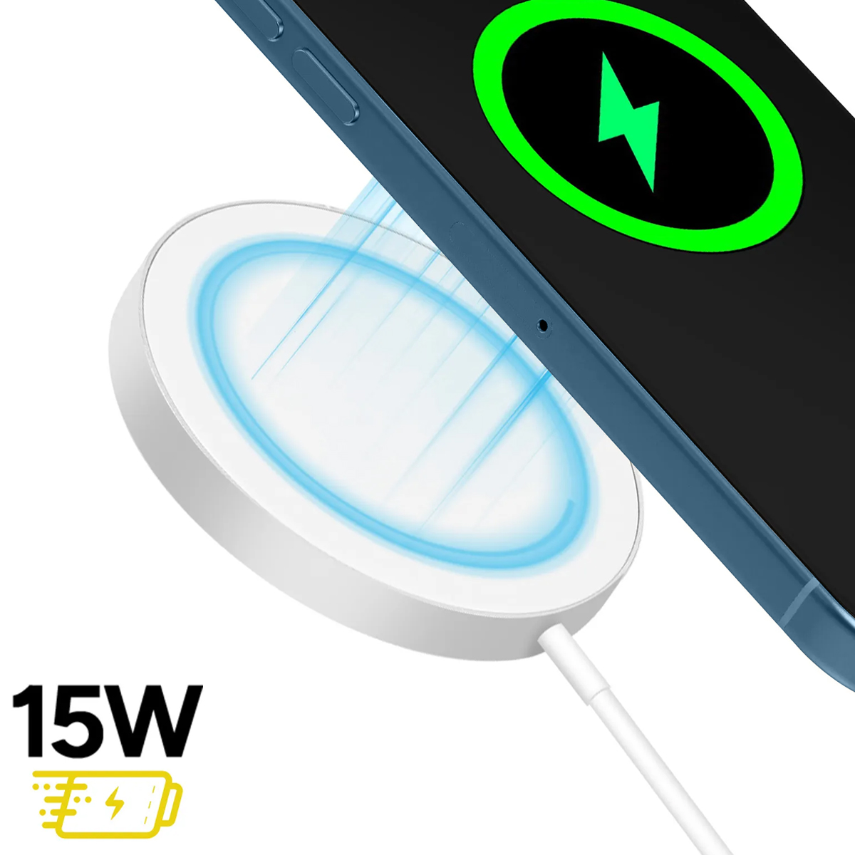 Un caricatore bianco da 15W con luce blu che carica un telefono blu.
