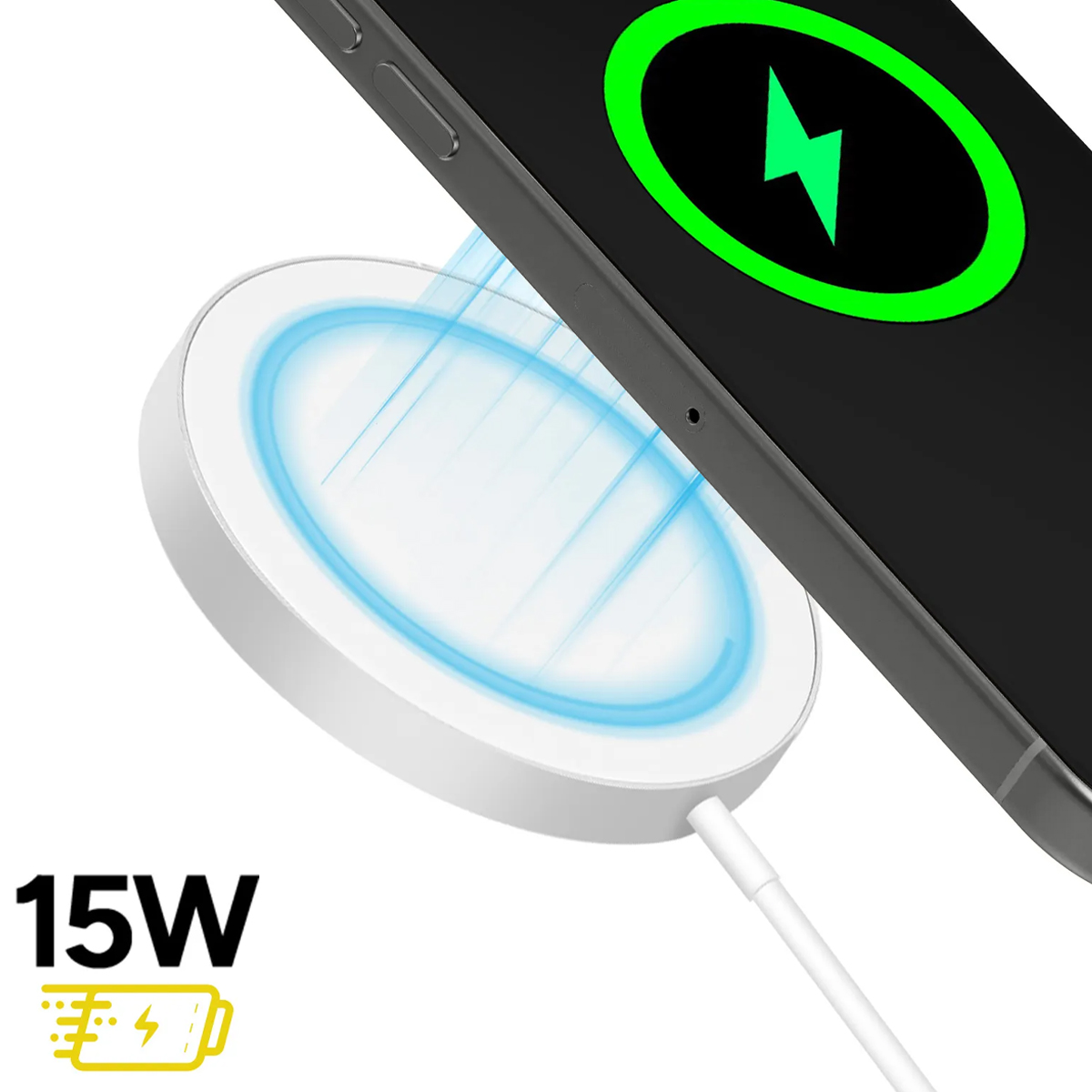 Un pad di ricarica bianco con onde di energia blu, che carica uno smartphone.