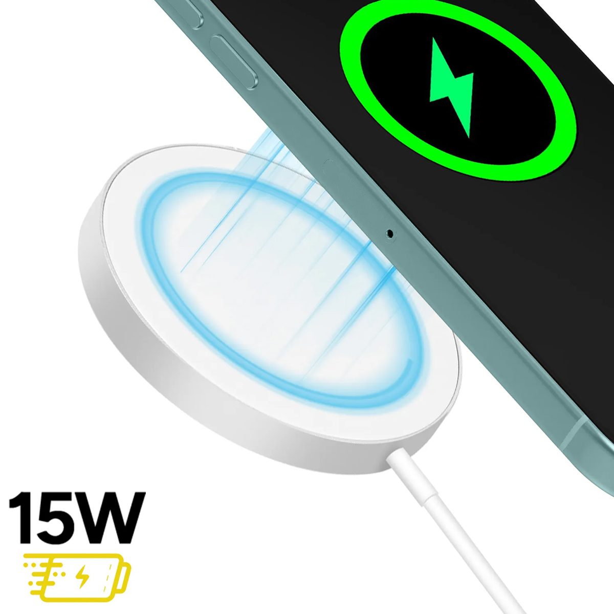 Un chargeur blanc 15W alimente un smartphone bleu sarcelle avec icône éclair.