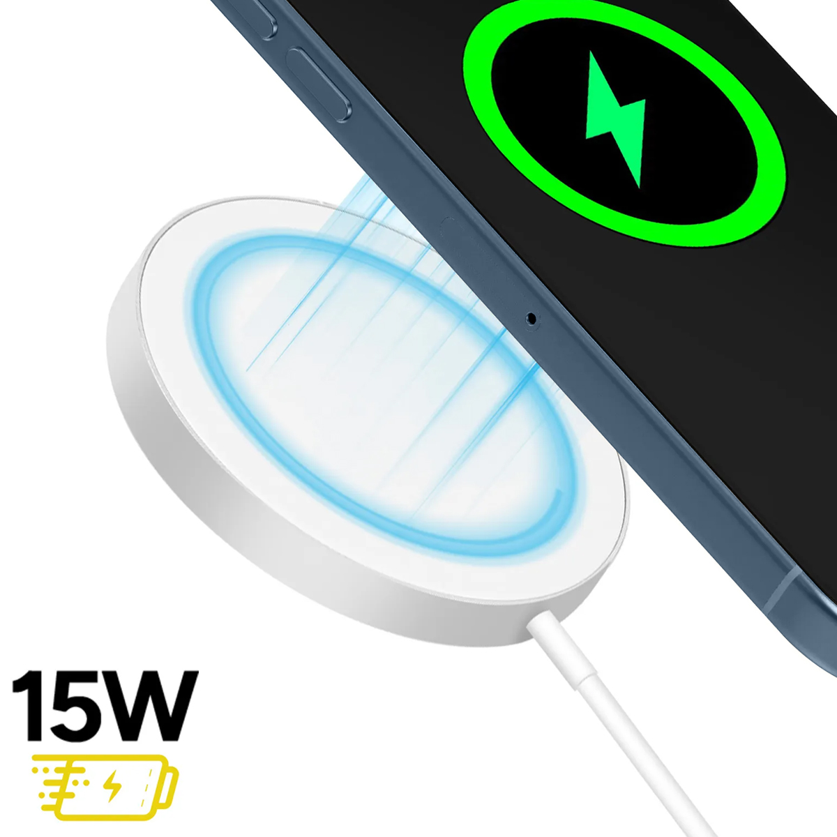 White wireless charger with blue light, charging a blue phone with a green lightning bolt icon.