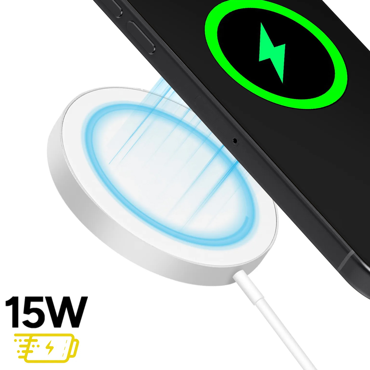 Un telefono nero si ricarica wireless su un caricatore bianco da 15W. È visibile un'icona di fulmine verde.