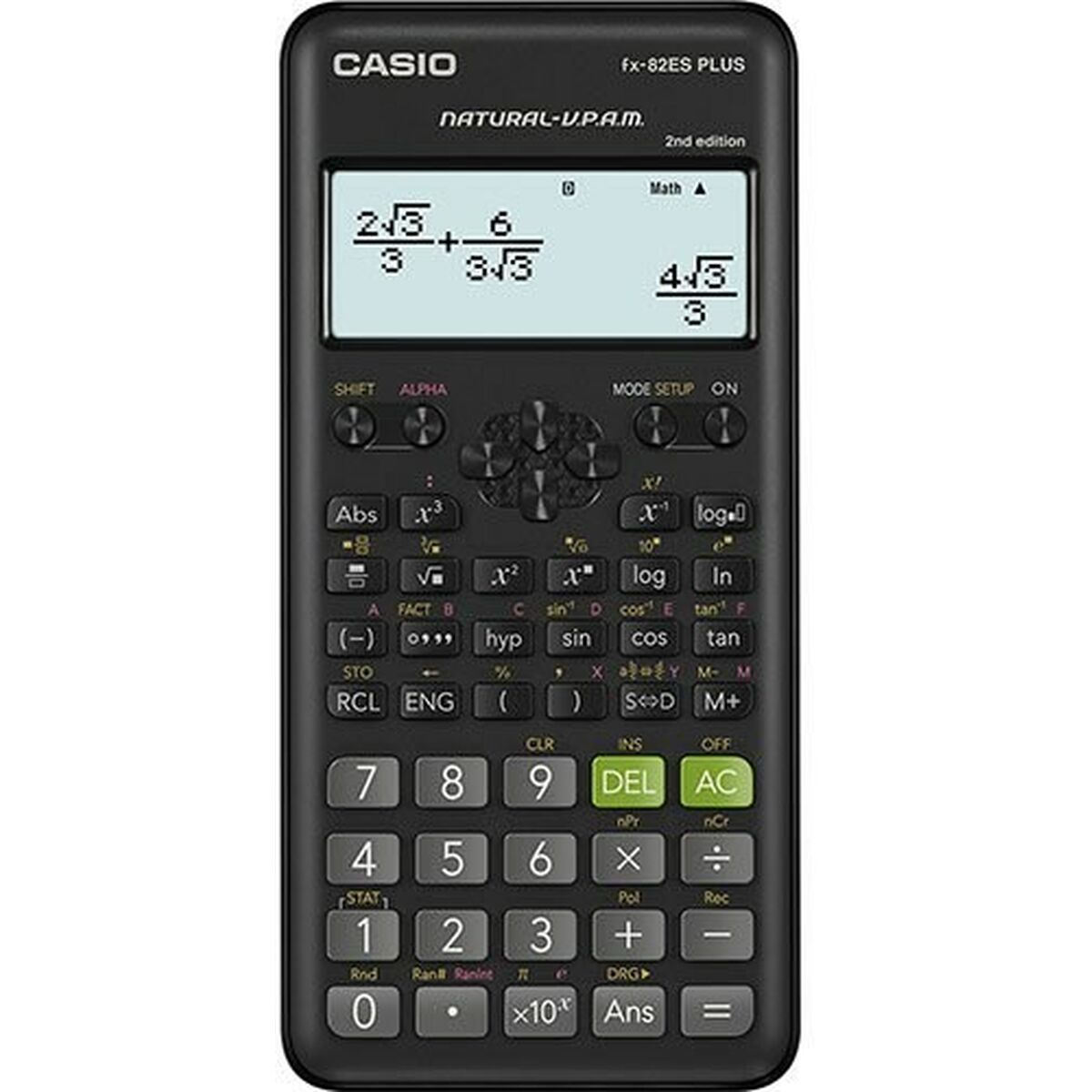 Czarny kalkulator Casio z wyświetlaczem pokazującym równanie matematyczne.