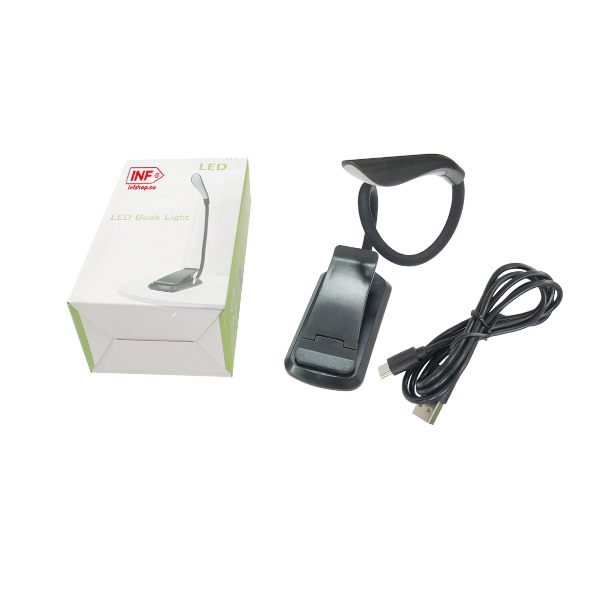 Czarna lampka do czytania z klipsem, kablem USB i opakowaniem.