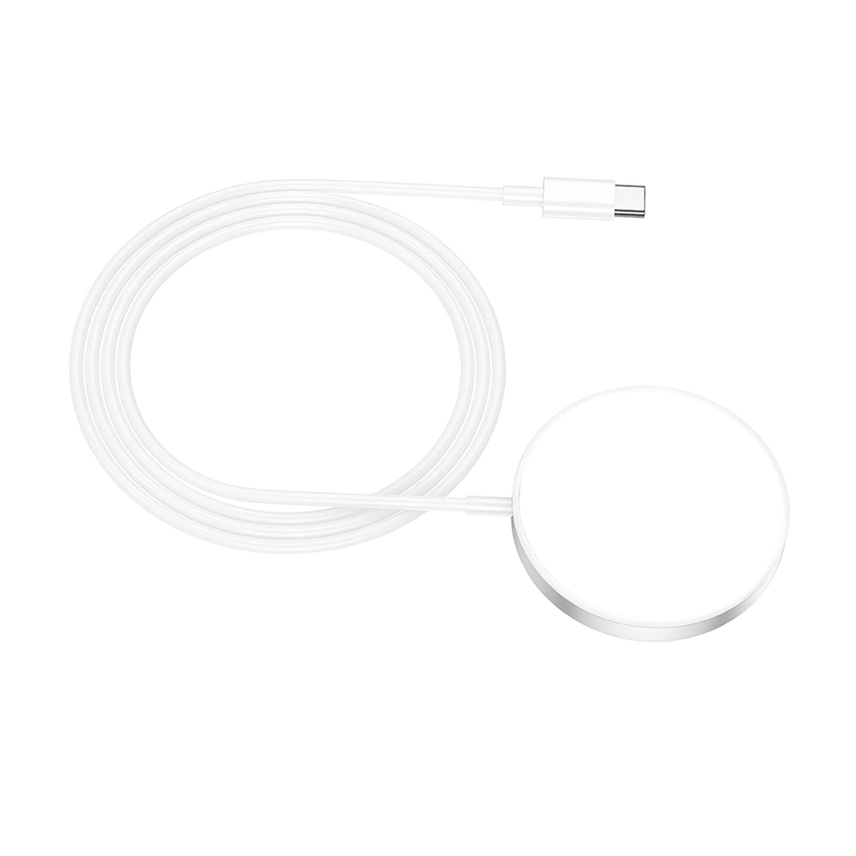 Un cavo di ricarica bianco con connettore USB-C e pad di ricarica magnetico.