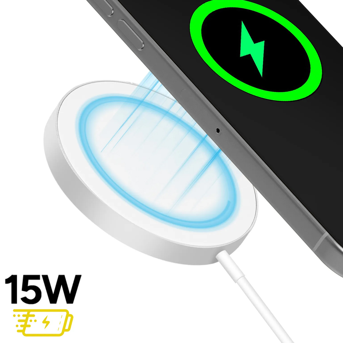 Un caricabatterie wireless bianco alimenta uno smartphone con un fulmine verde.