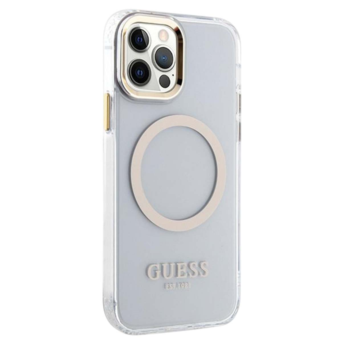 Custodia grigia per telefono con logo GUESS e anello argentato sul retro.