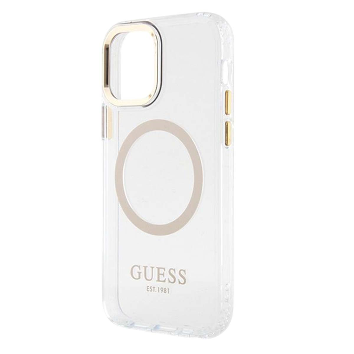 Custodia trasparente per telefono con finiture dorate, logo GUESS e anello magnetico.