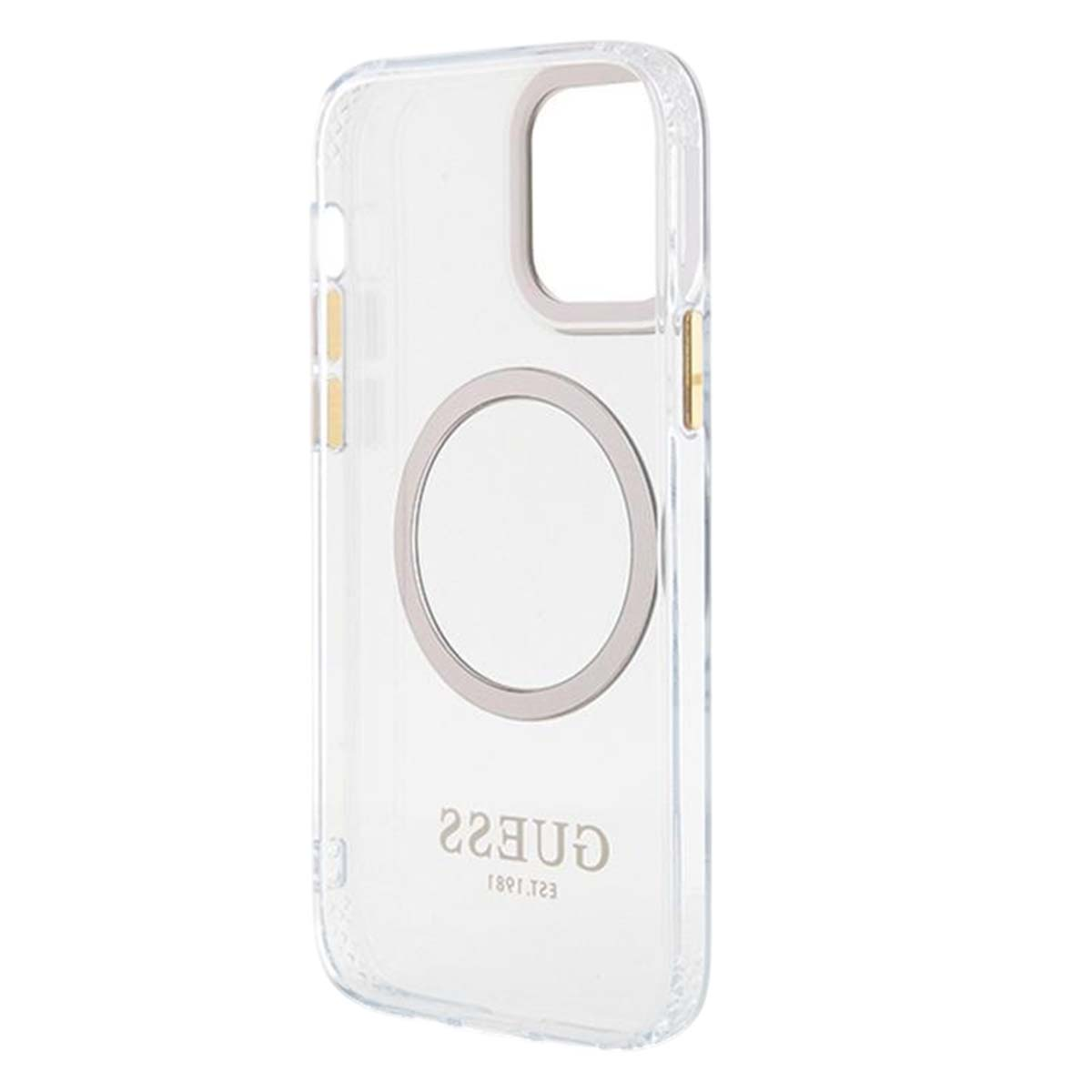 Custodia trasparente per telefono con anello argento e logo Guess.