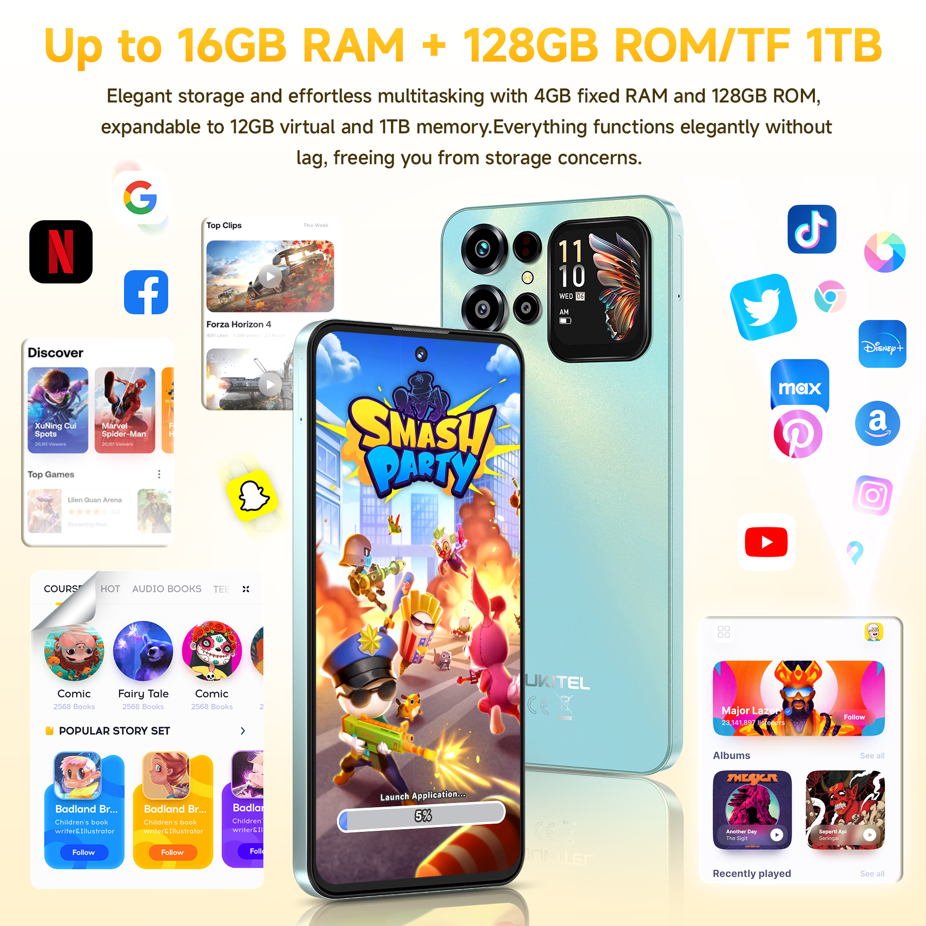 Un teléfono muestra apps como Netflix, Google, Facebook y juegos. La pantalla muestra un juego.