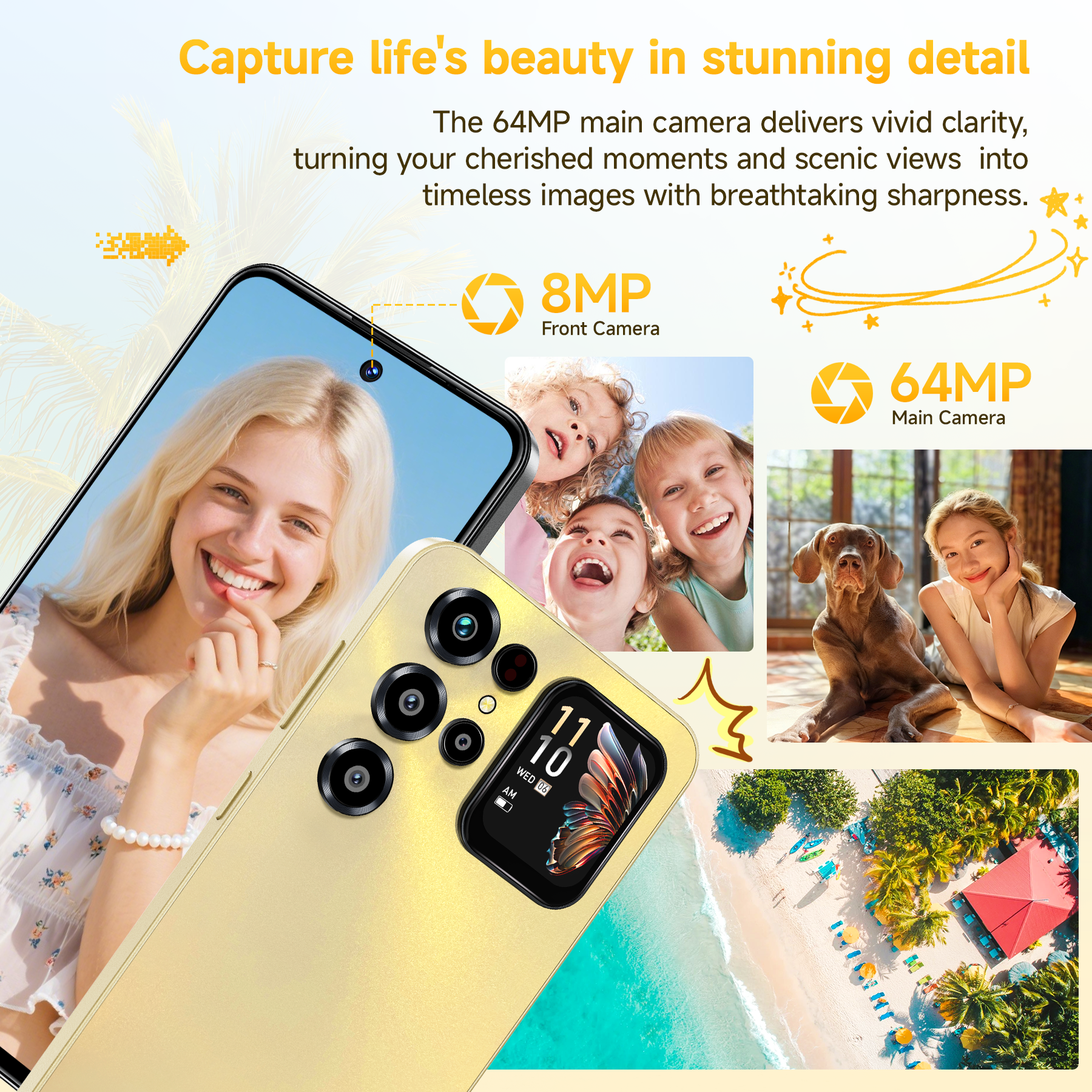 Un smartphone amarillo muestra fotos de una mujer, niños, un perro y una escena de playa.