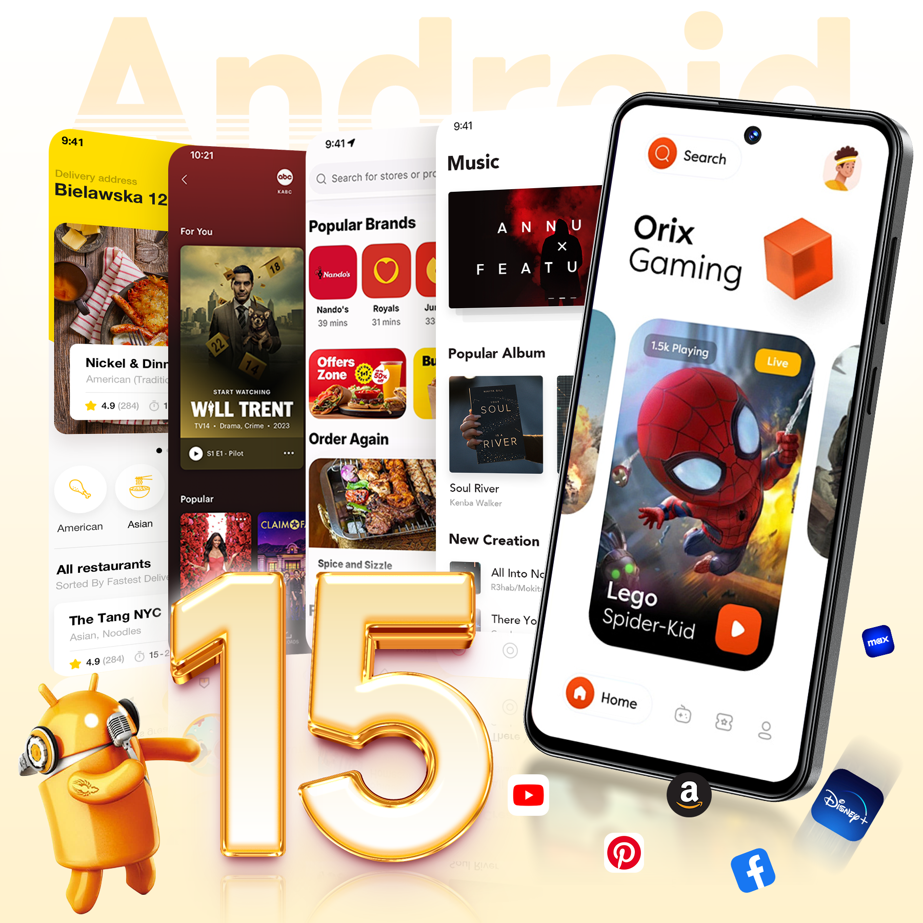 Teléfono mostrando varias apps: entrega de comida, música y juegos. Gigante '15' flota.
