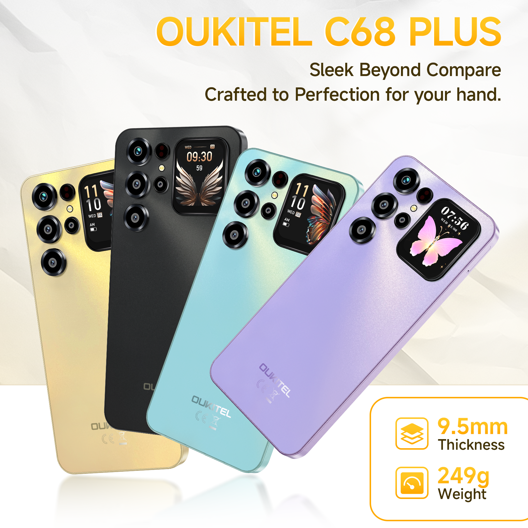 Cuatro smartphones OUKITEL C68 PLUS en amarillo, negro, menta y morado con cámaras.