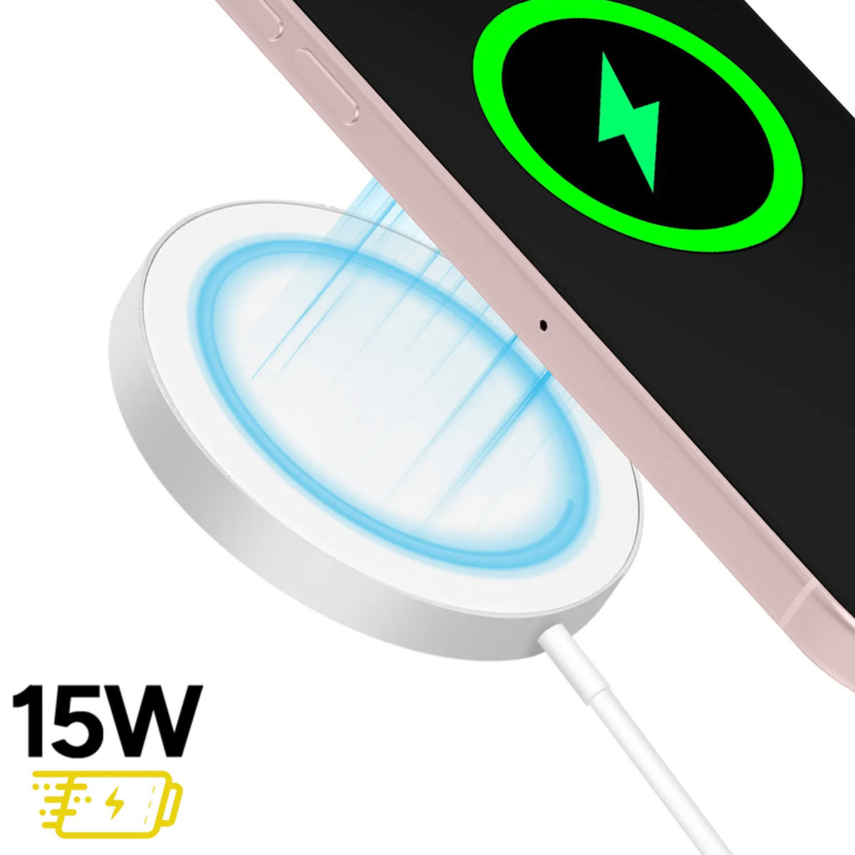 A pink smartphone is wirelessly charging on a white charging pad. 15W.