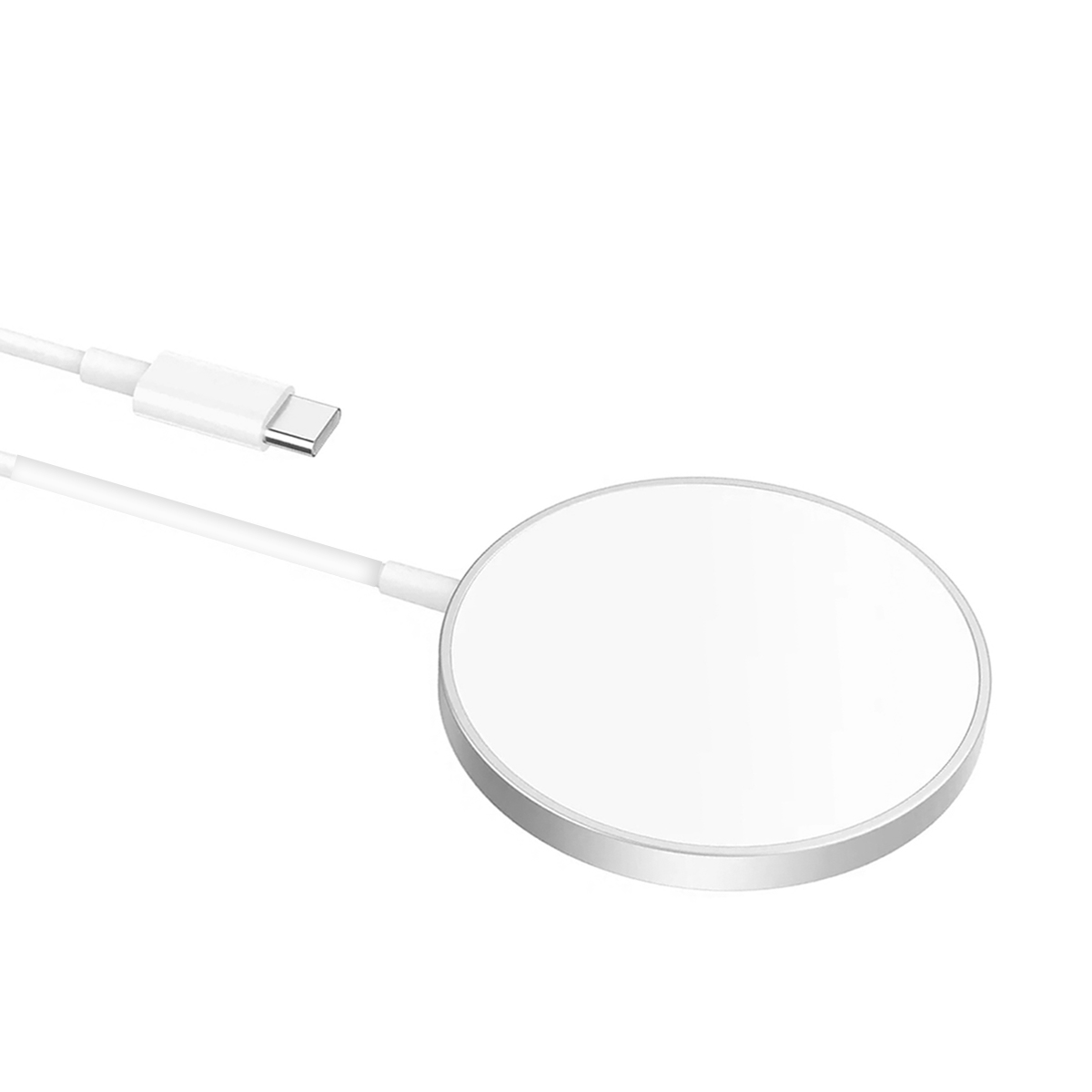 A white charging cable with a USB-C connector and a round white charging pad.
