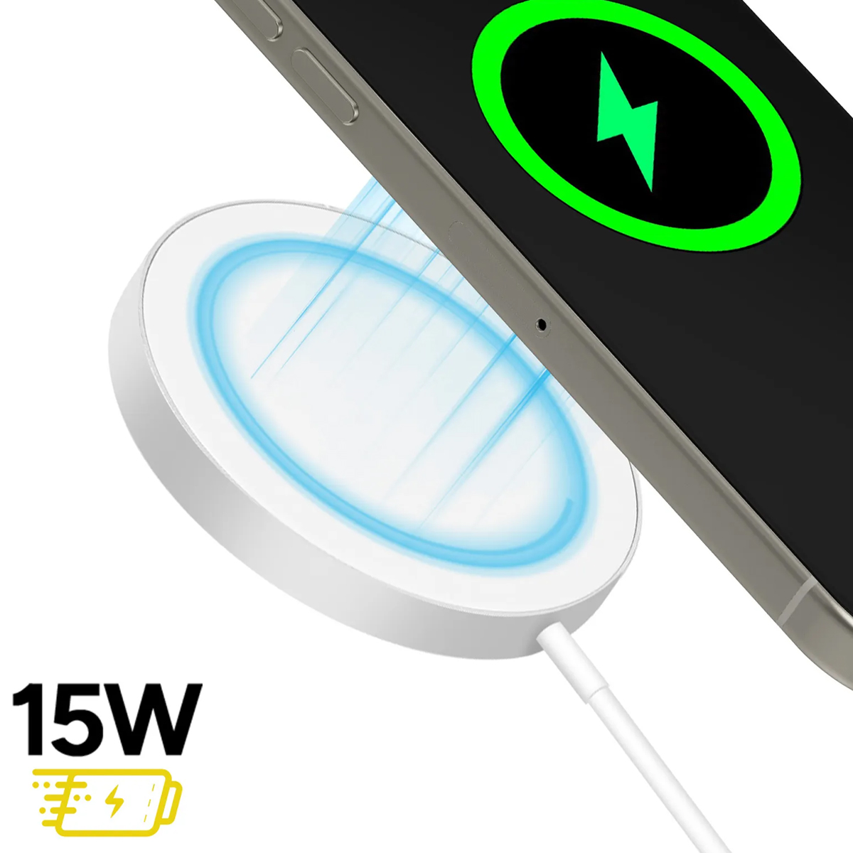 Un pad di ricarica bianco alimenta uno smartphone con un'icona di ricarica verde.
