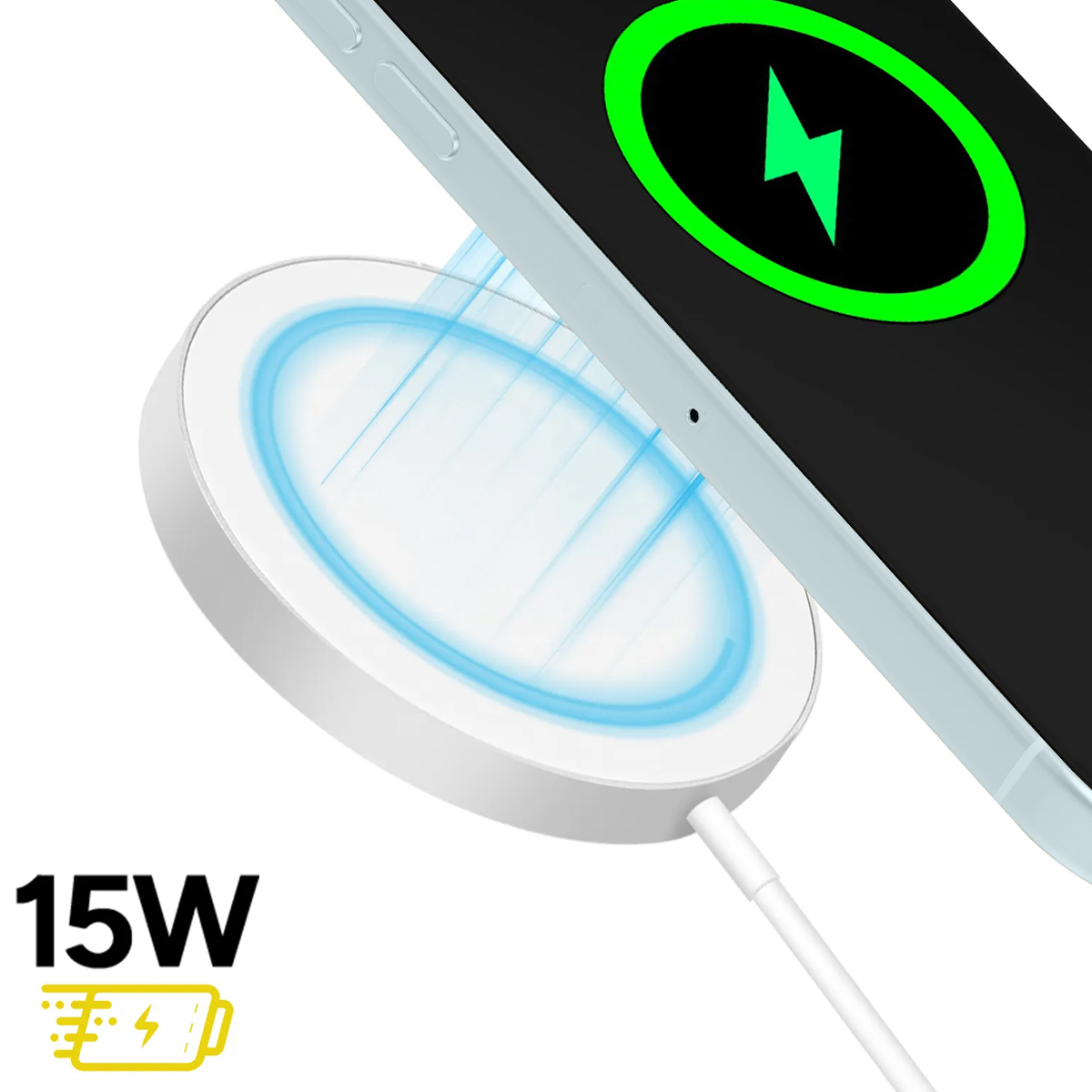 Un pad di ricarica bianco con luce blu e un telefono con icona di ricarica.
