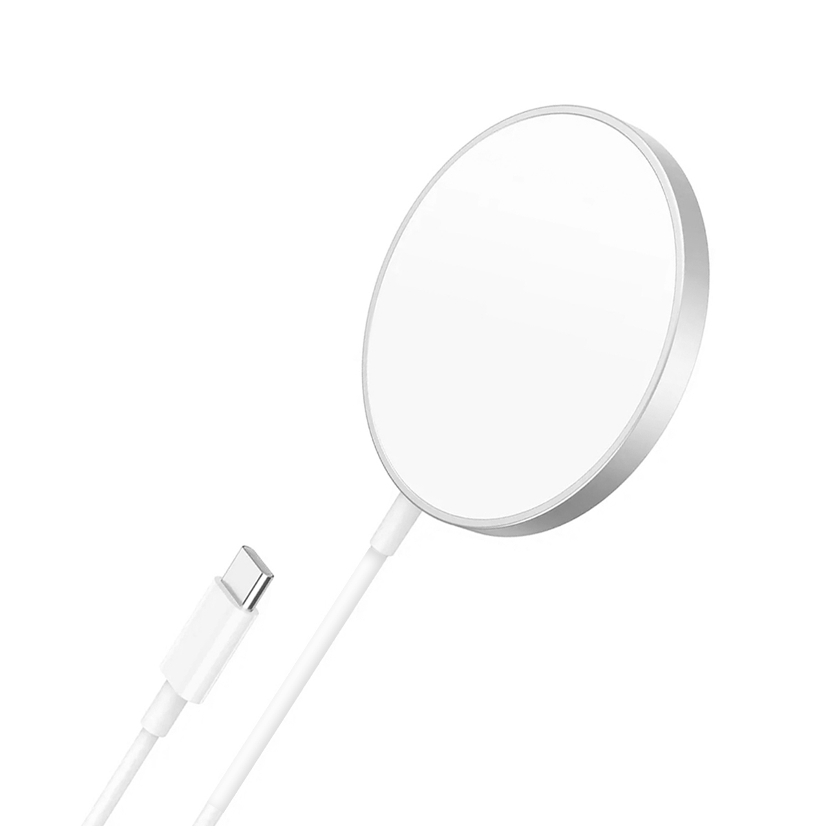 Caricatore magnetico bianco con cavo USB-C su sfondo bianco.