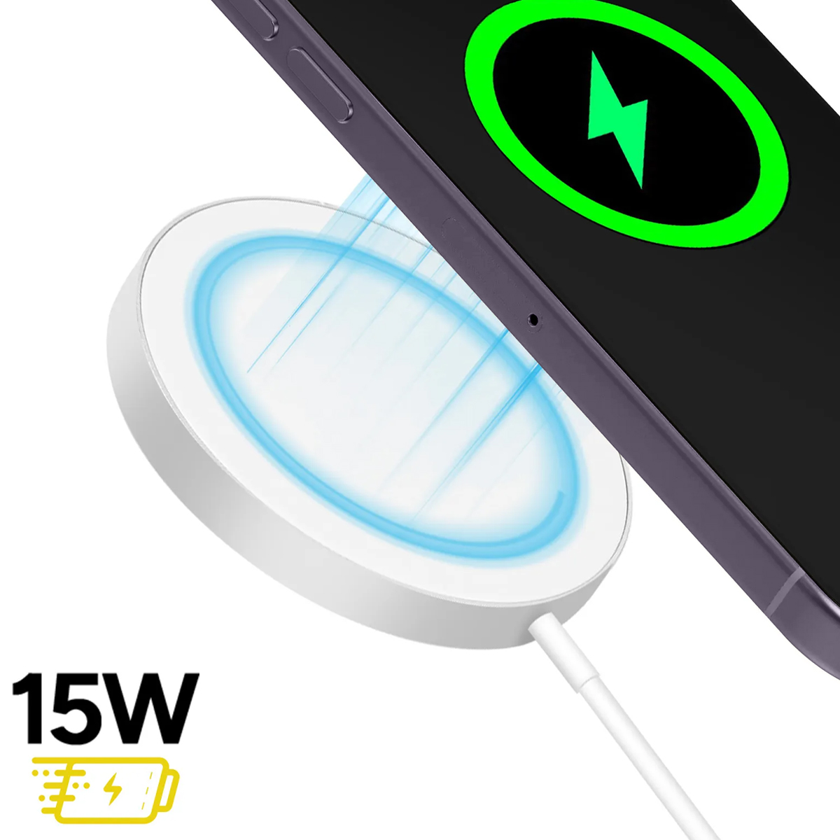 Un smartphone se charge sans fil sur un chargeur blanc. Icône 15W.
