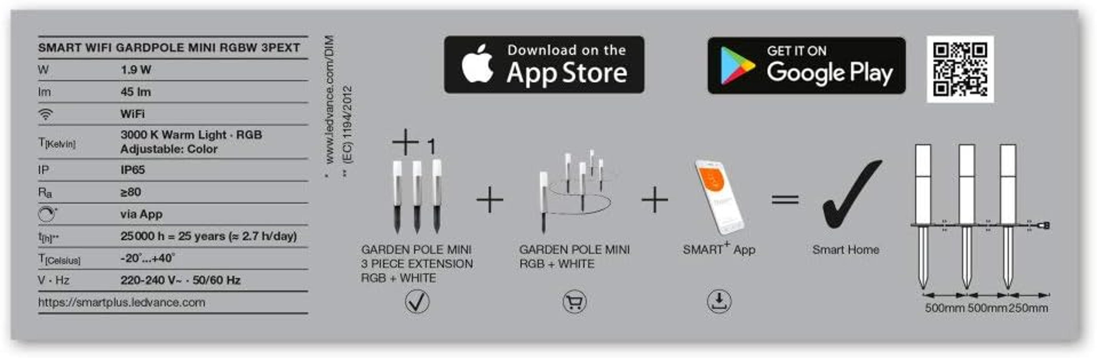 Diagramma componenti paletto da giardino Mini RGBW, controllo app e smart home.
