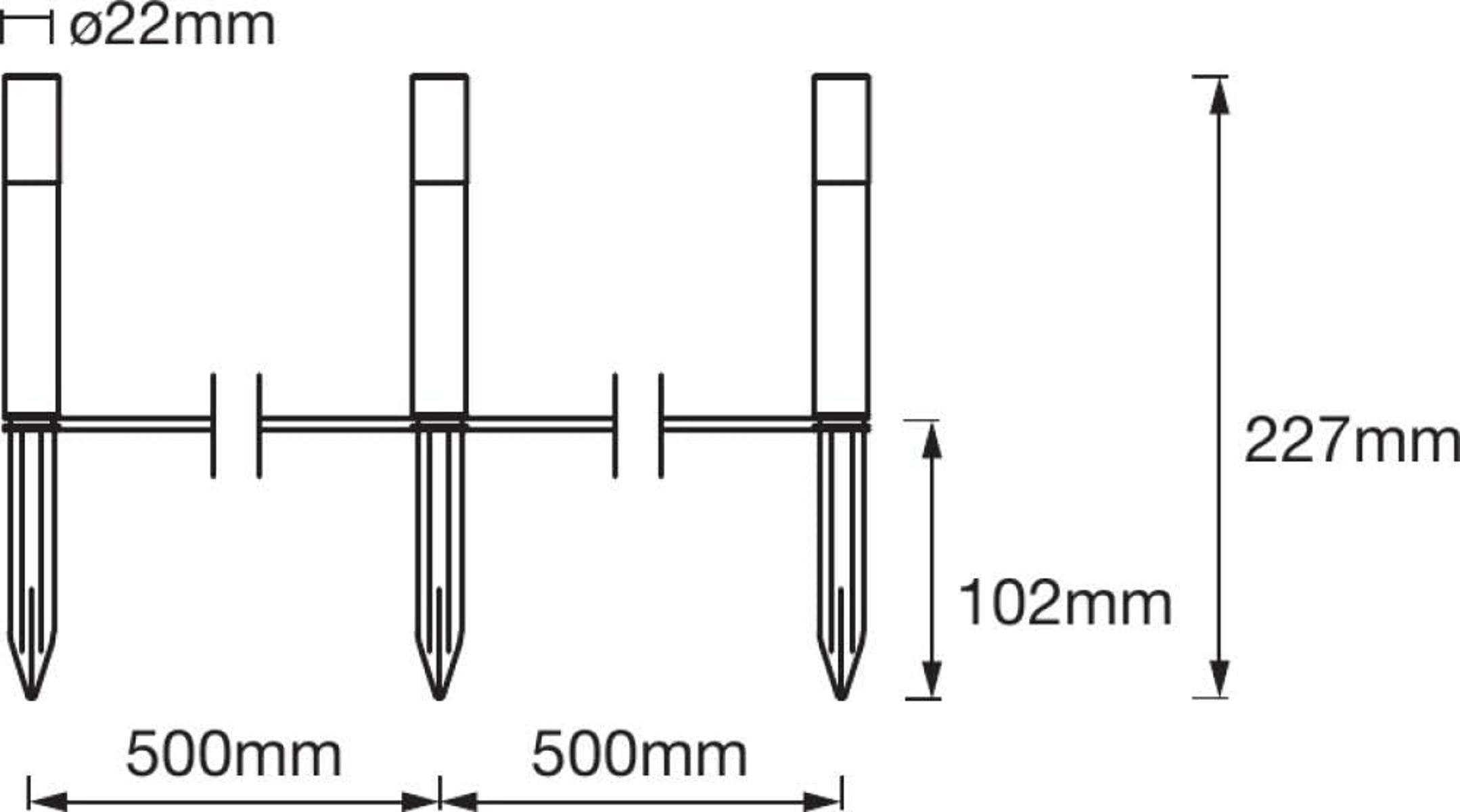 Disegno tecnico di tre pali con picchetti a terra, dimensioni 22mm, 102mm, 227mm e 500mm.