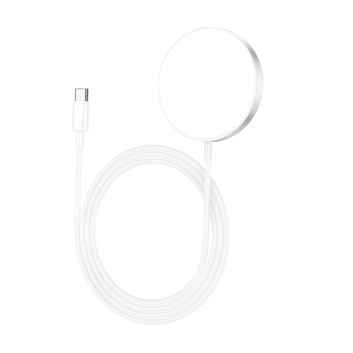 Un caricabatterie circolare bianco con cavo USB-C bianco, su sfondo bianco.