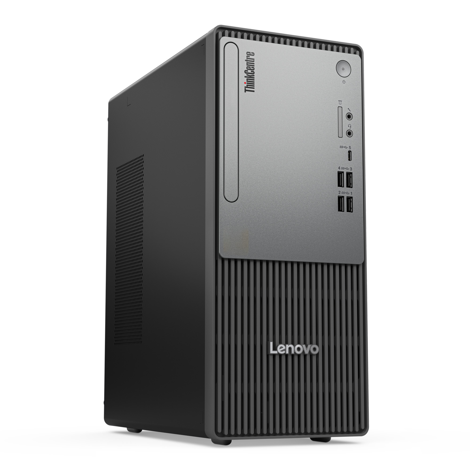 Gümüş ön panel ve bağlantı noktalarına sahip siyah bir Lenovo ThinkCentre masaüstü bilgisayar.