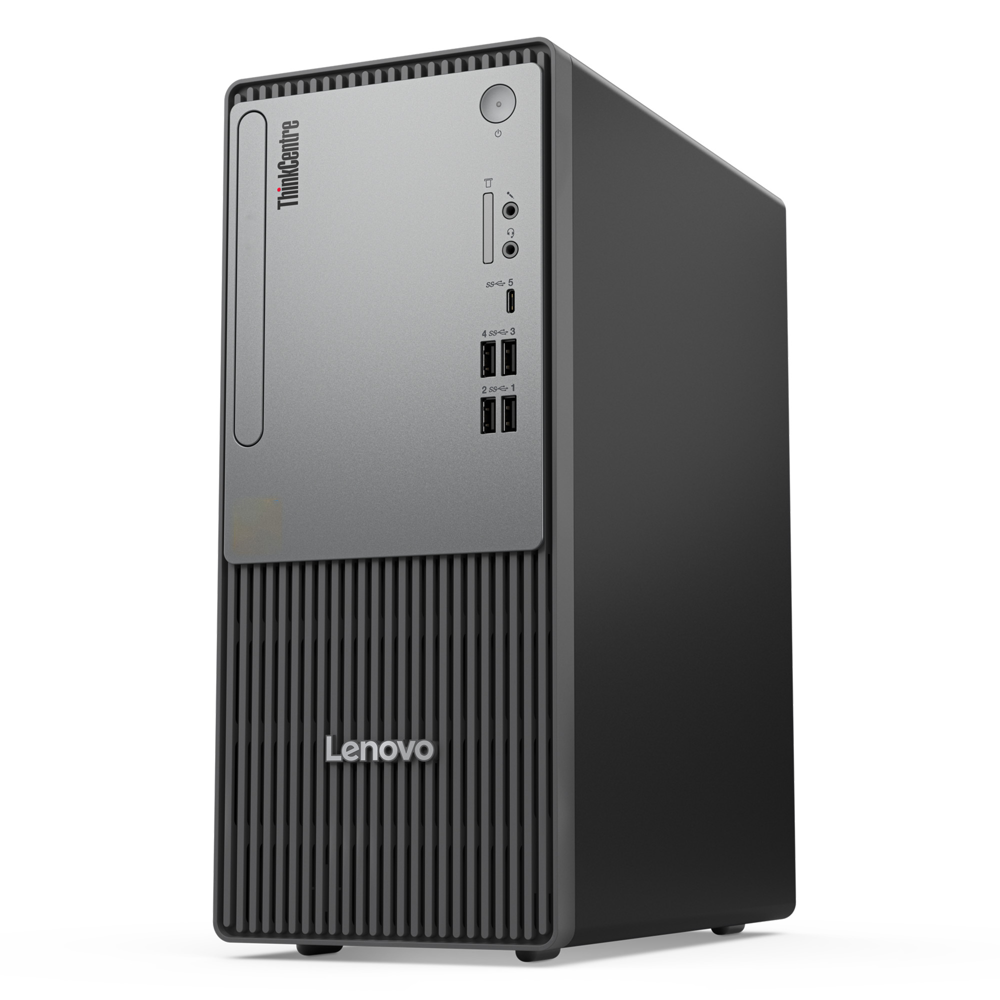 Lenovo ThinkCentre kule PC, ön USB, ses bağlantı noktaları ve güç düğmesi bulunur.