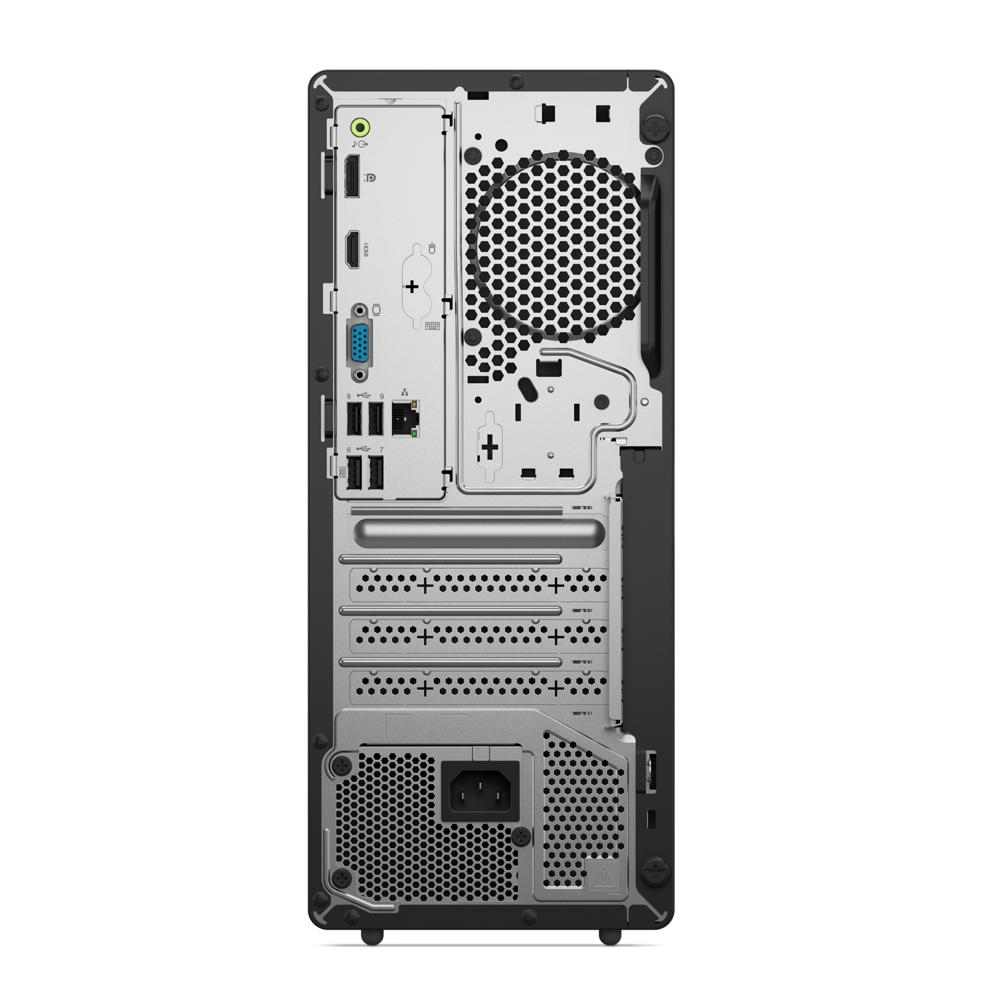 USB, HDMI, VGA ve güç konektörü gibi çeşitli bağlantı noktalarına sahip PC'nin arkası.