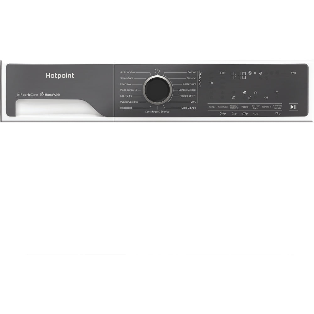 Pannello di controllo lavatrice con selezione programmi e display digitali.
