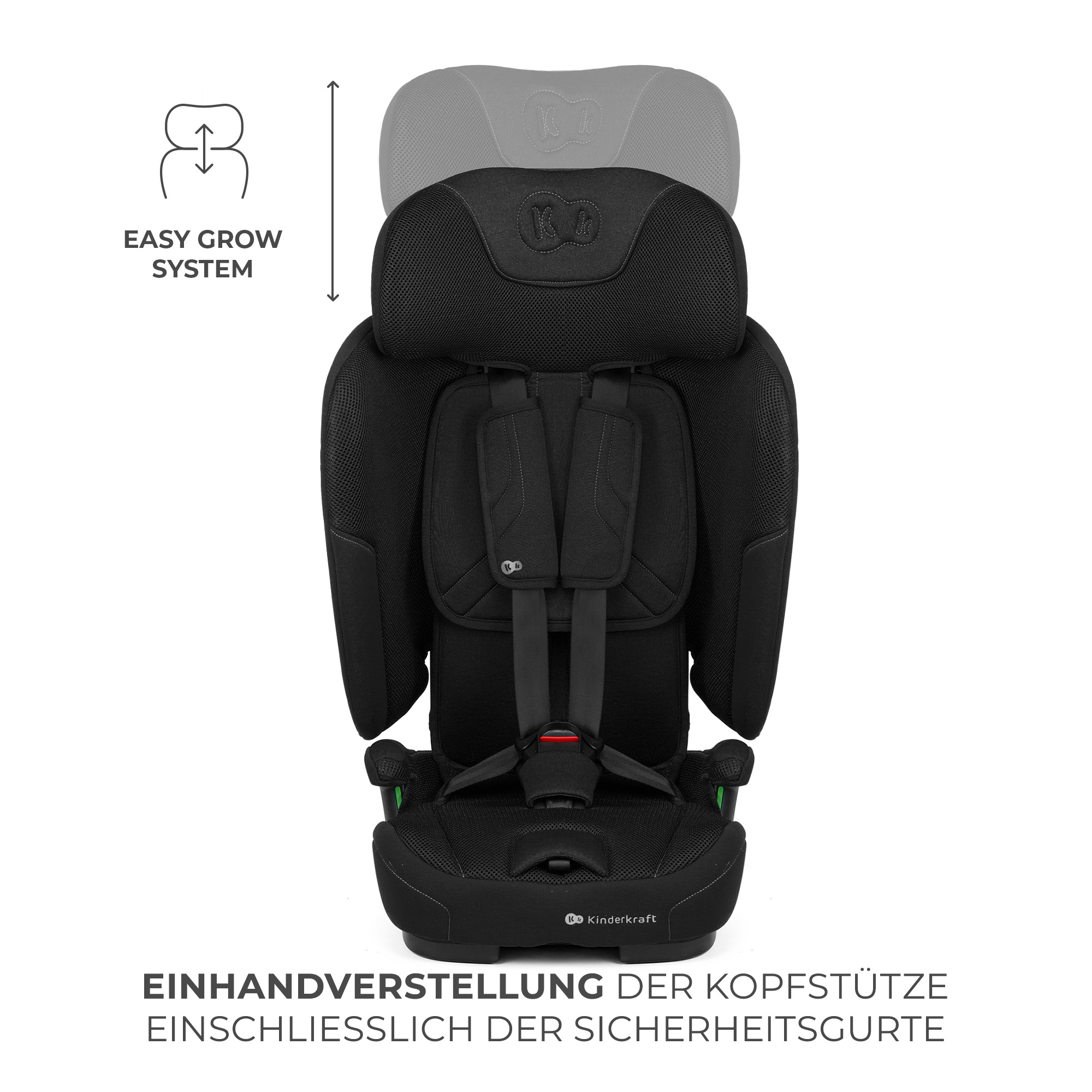 Schwarzer Kindersitz mit Gurten und verstellbarer Kopfstütze.