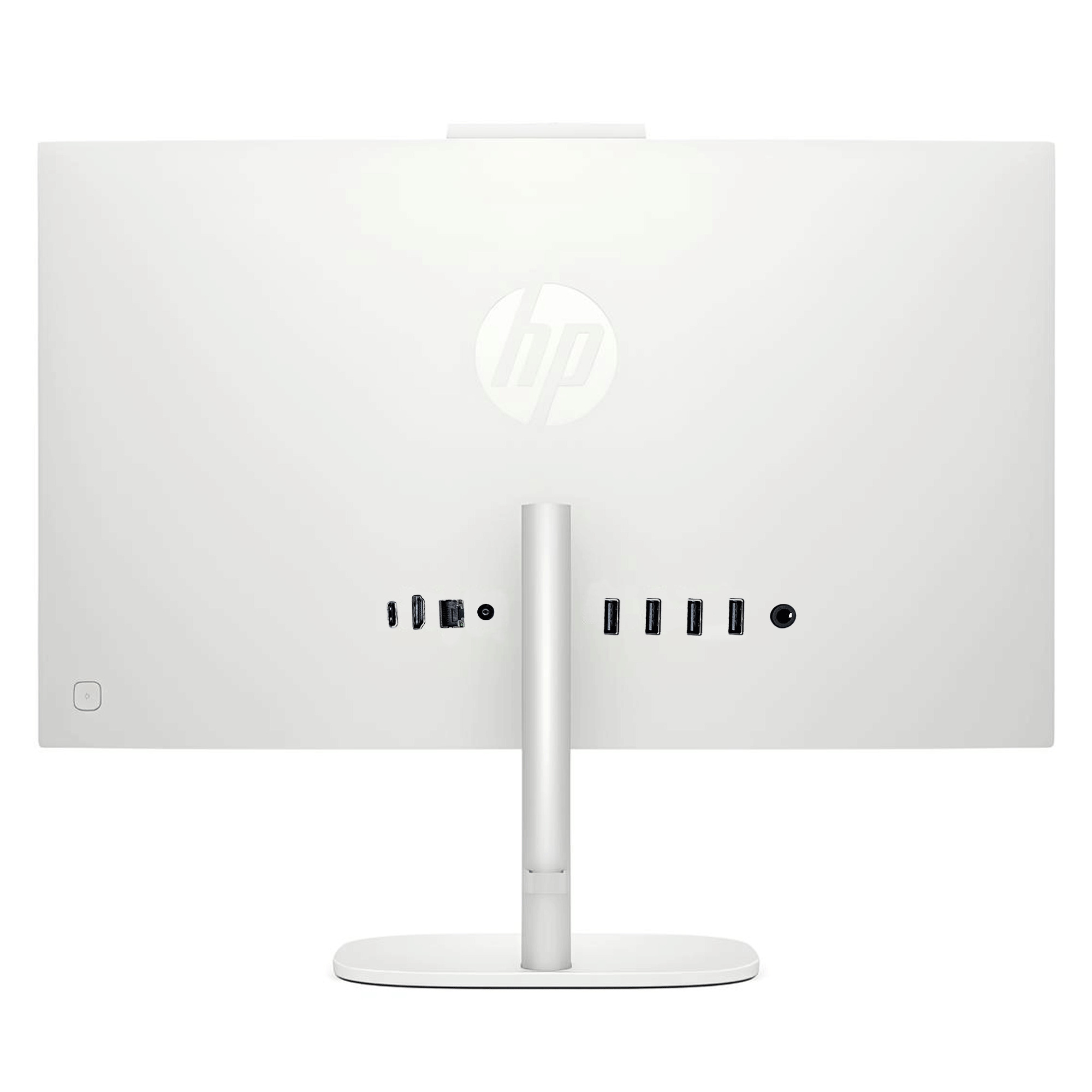 Portları ve standı olan beyaz HP All-in-One bilgisayarın arkası.