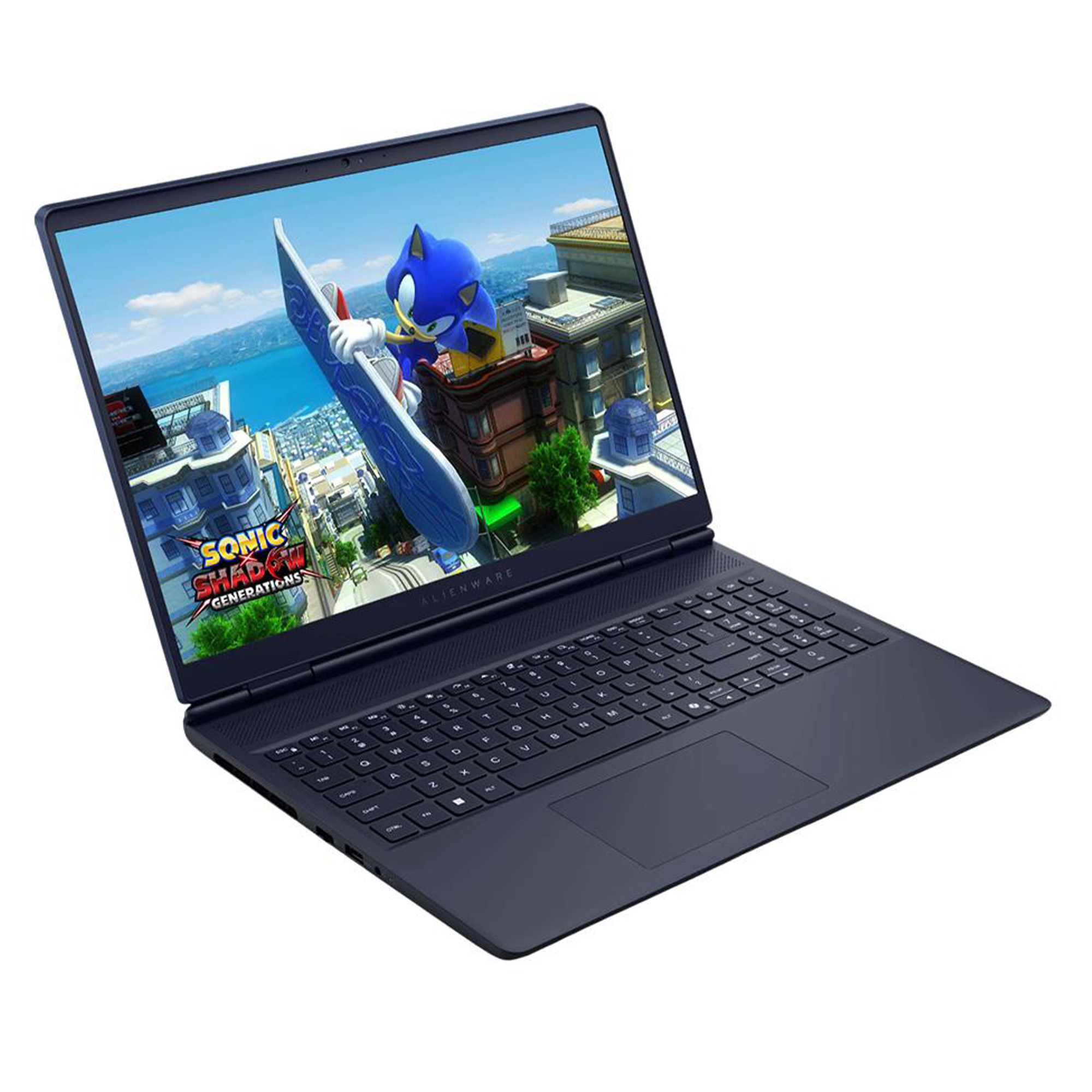 Koyu renkli bir Alienware dizüstü bilgisayar, şehir ortamında bir snowboard üzerindeki Sonic'i gösteriyor.