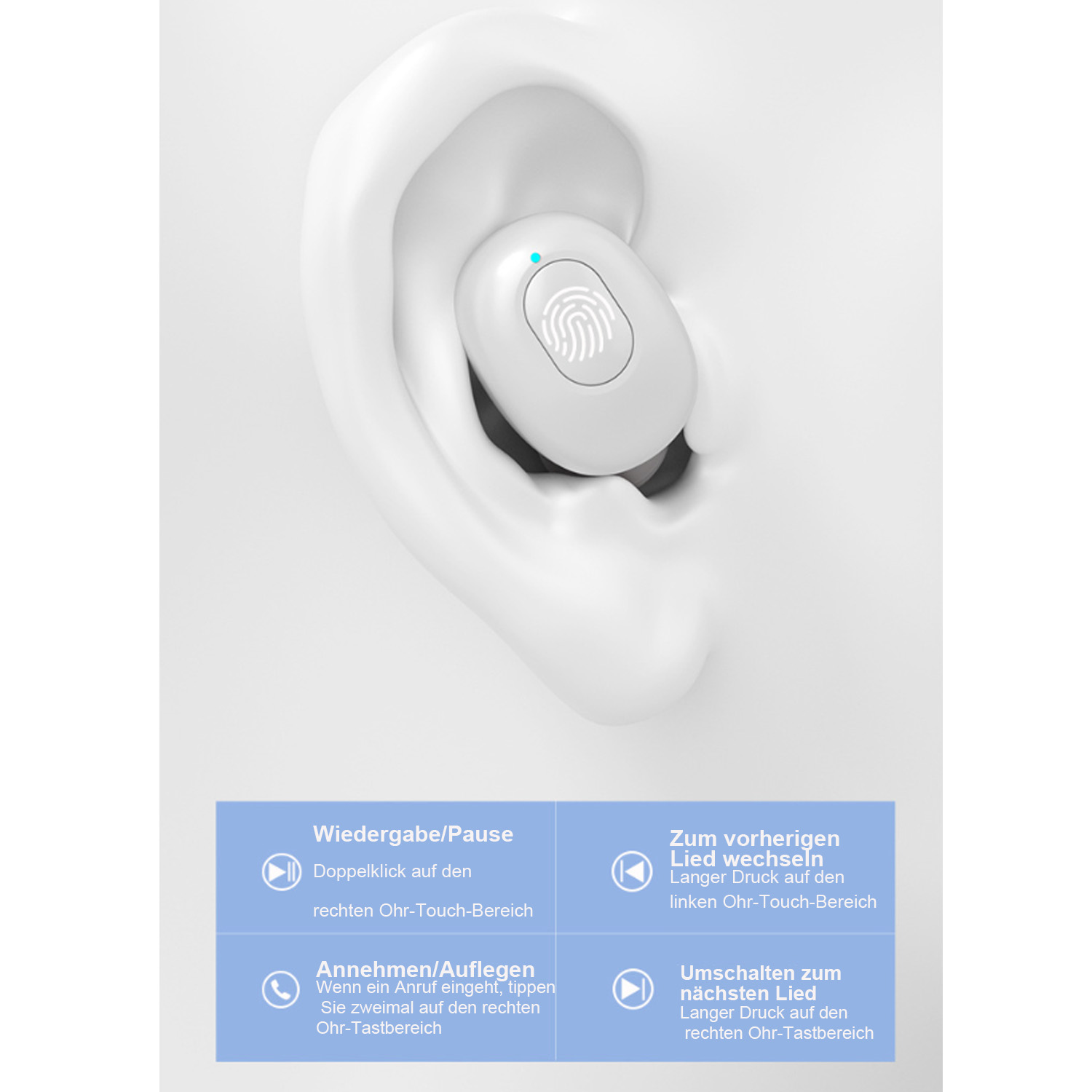 Ein weißer In-Ear-Kopfhörer sitzt in einem stilisierten Ohr, mit Steuerelementen.