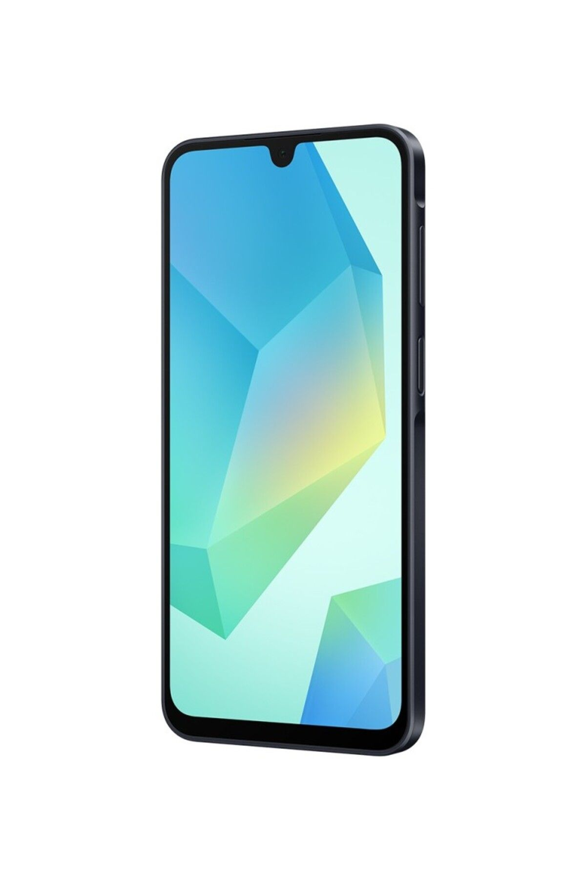 Damla şeklinde çentikli, geometrik arka planlı koyu renkli bir akıllı telefon.