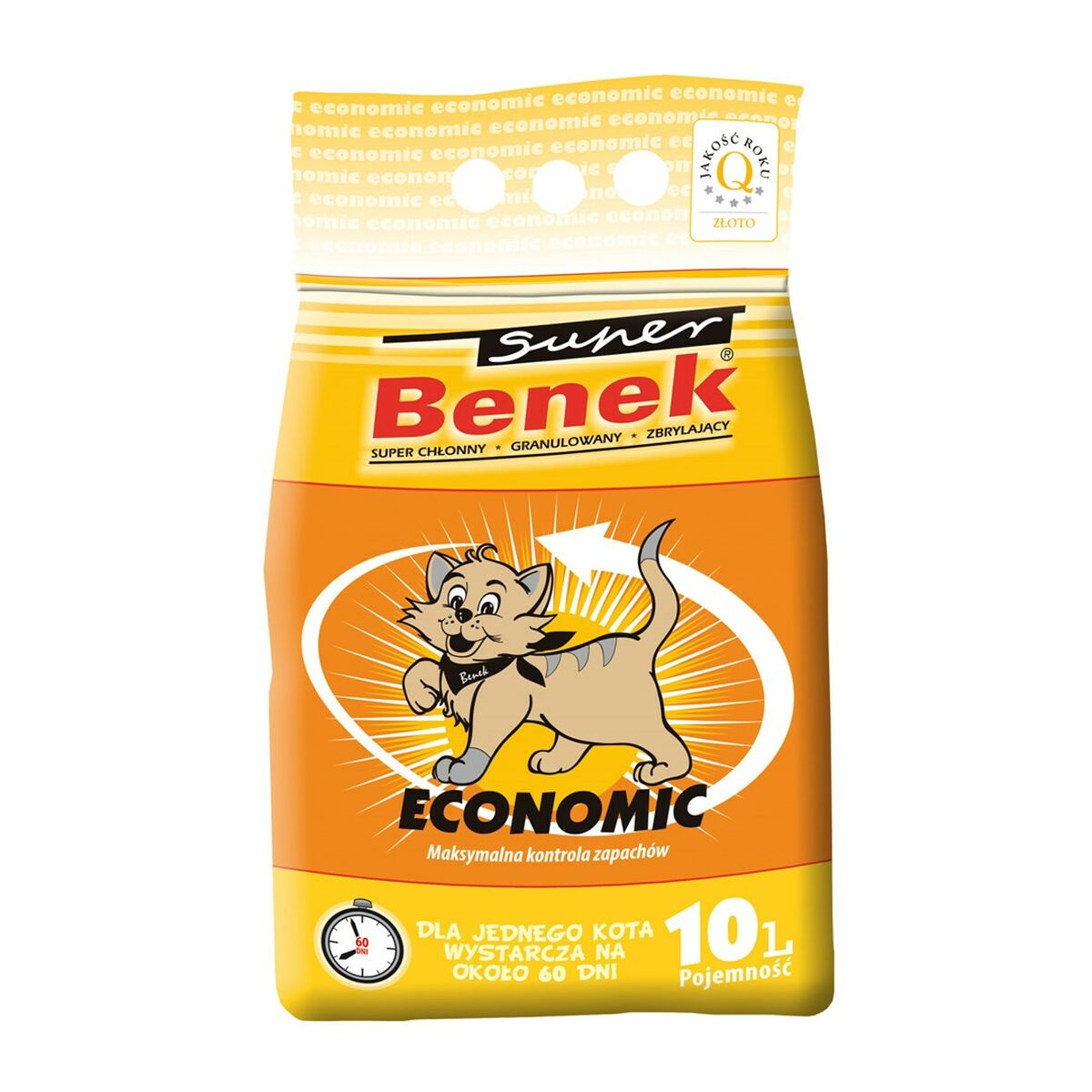 Una borsa di lettiera per gatti con un gatto dei cartoni animati e il marchio 'Benek ECONOMIC'.