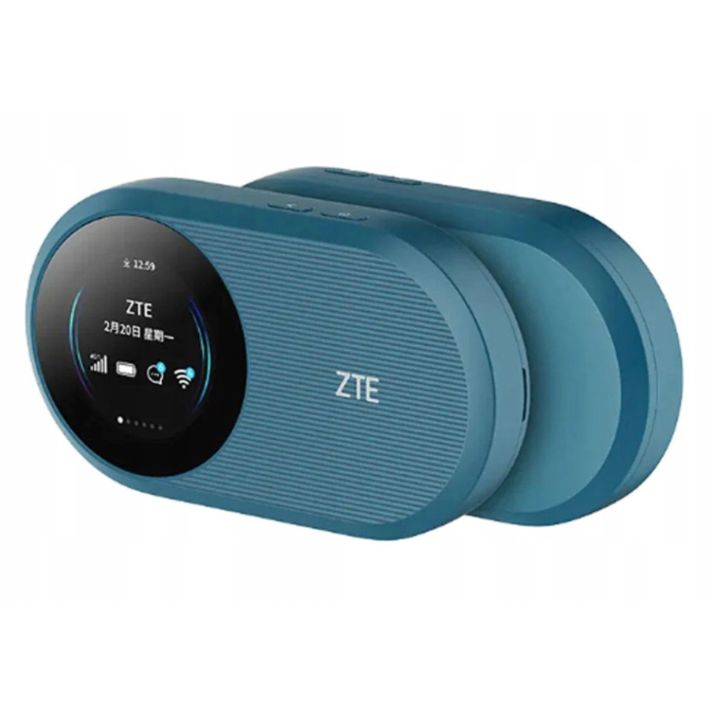 Dwa niebieskie hotspoty mobilne ZTE obok siebie. Jeden ma ekran pokazujący godzinę i datę.