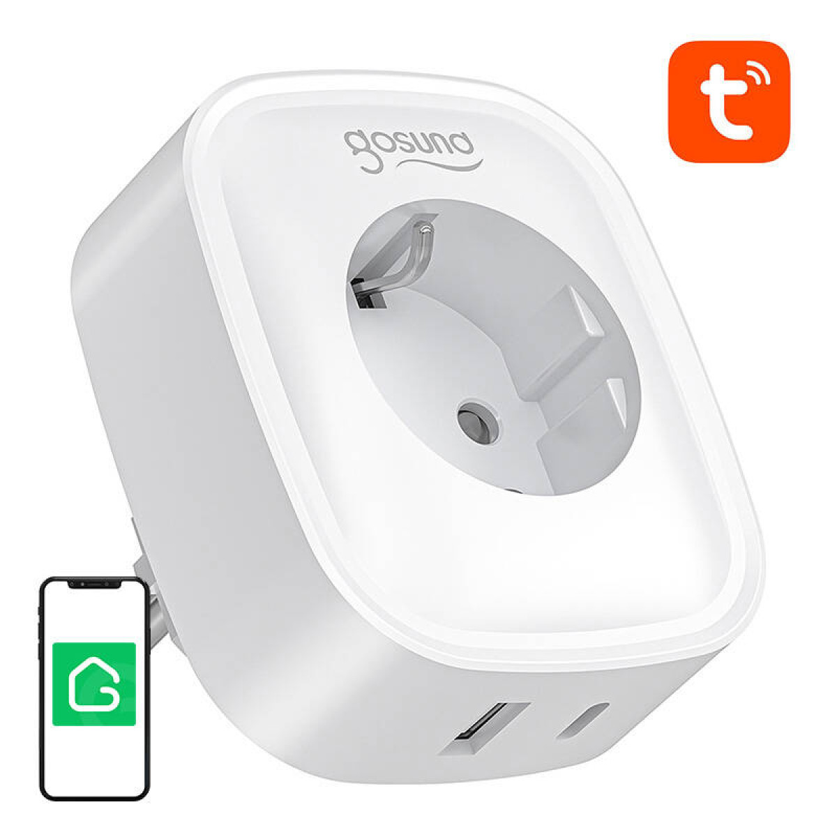 Biała inteligentna wtyczka z logo Gosuno, dwoma portami USB i ikoną aplikacji.