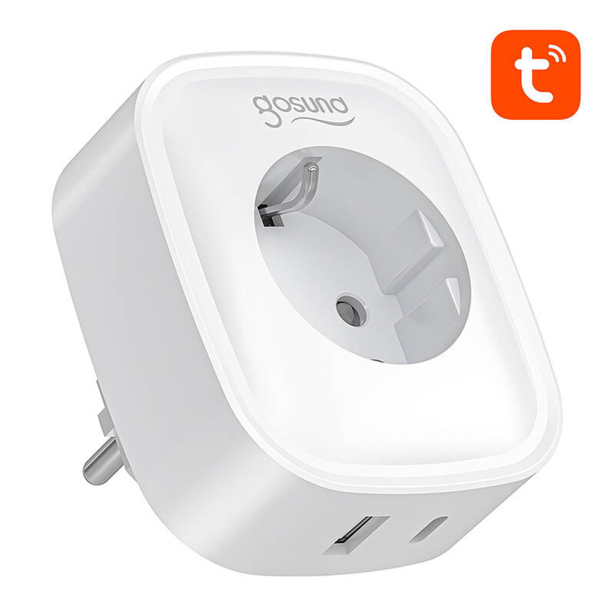 Biały adapter wtyczki EU z dwoma portami USB i logo Gosuno.