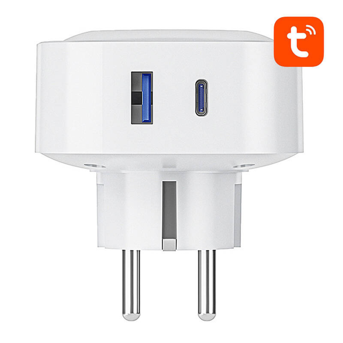 Biały adapter podróżny z portami USB-A i USB-C.