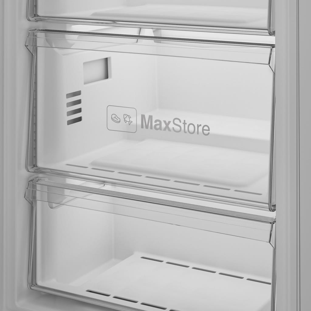 Boş bir dondurucu, iki şeffaf çekmece ve "MaxStore" logosu.