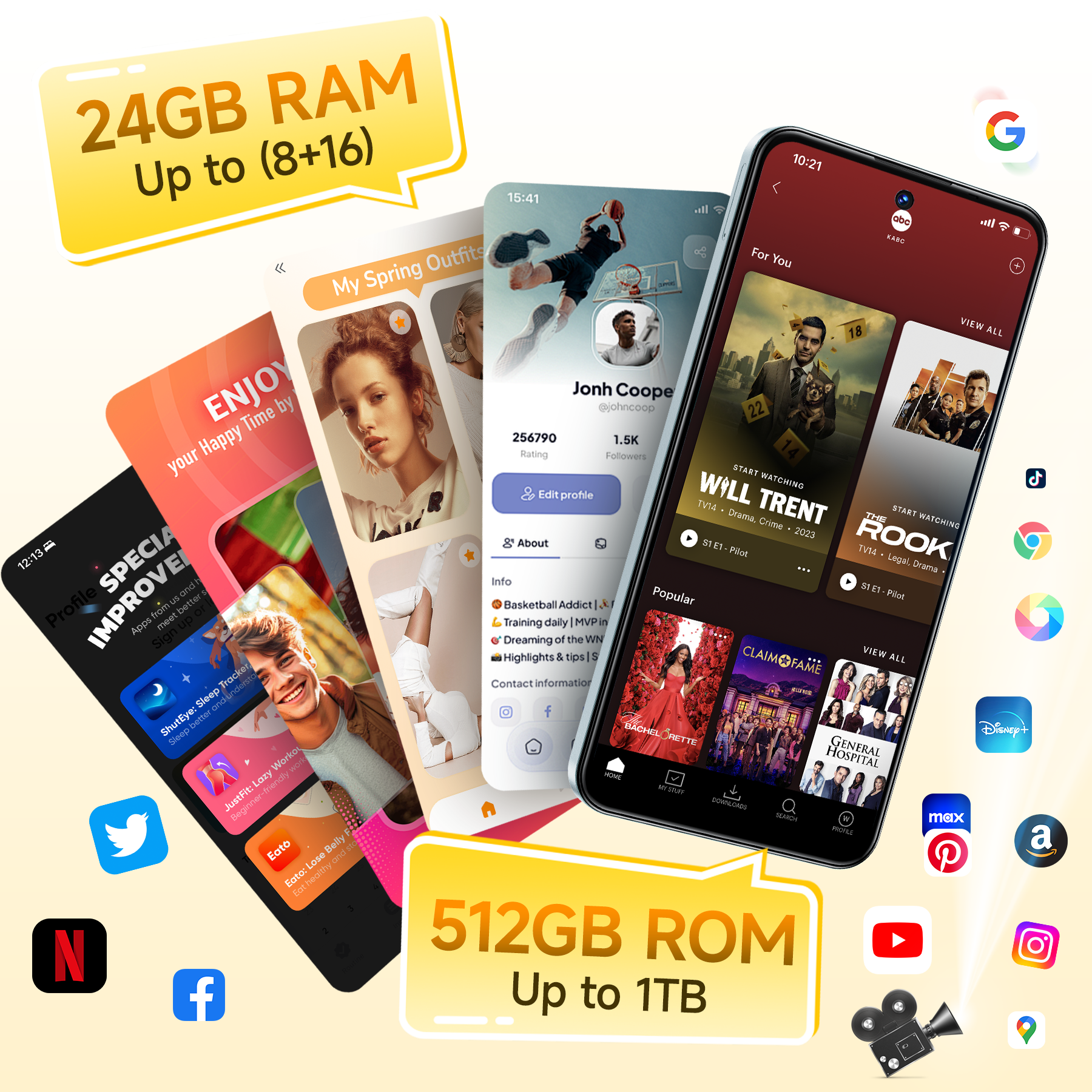 Un smartphone muestra vistas previas de apps, especificaciones e iconos.