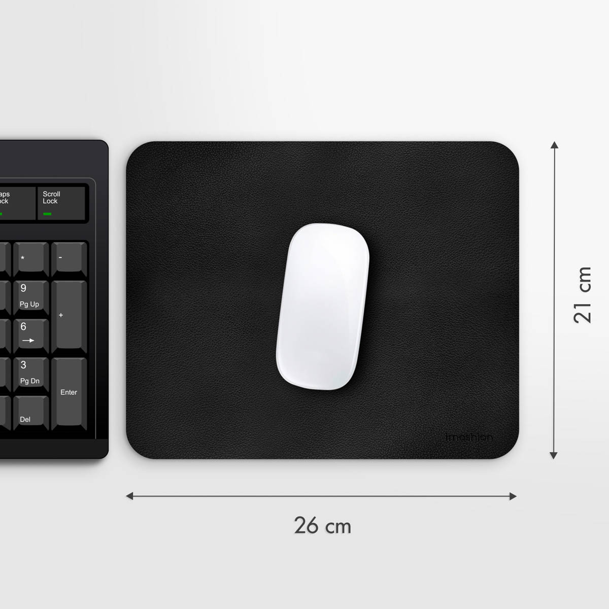 Black mousepad (26x21 cm) with a white mouse and part of a keyboard.